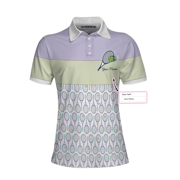 Personalized Custom Name Tennis In Purple Pattern Custom Cosplay Short Sleeve Woman Polo Shirt, Purple Pattern Tennis Shirt For Female Player