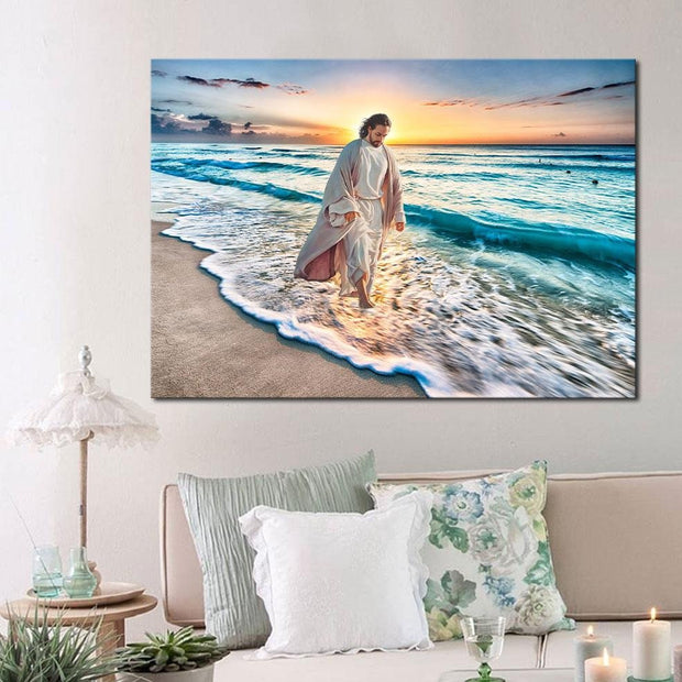 Jesus Christ Walking On The Beach Christian Easter's Day Wall Art Home Decor Wrapped Canvas QT301056Eg