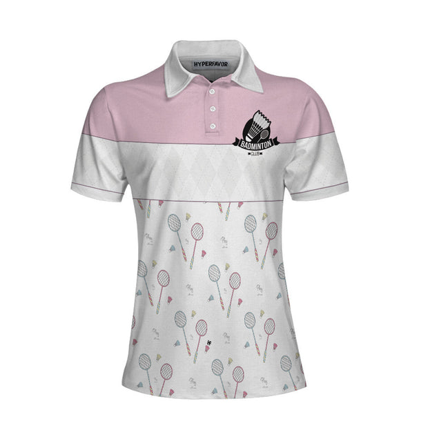 Play With Me Badminton Short Sleeve Women Polo Shirt, White And Pink Badminton Shirt For Women