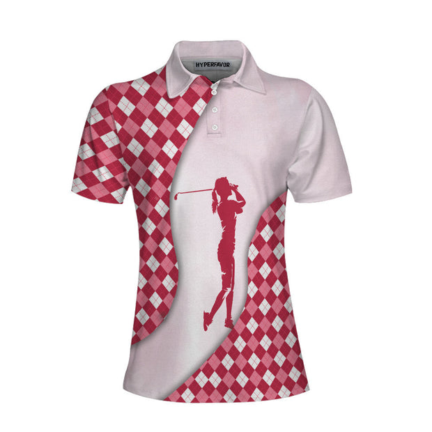 Golf And Wine Kind Of Girl Short Sleeve Women Polo Shirt, Pink Diamond Pattern Shirt For Golf Ladies