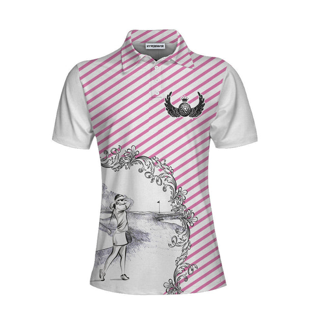 Pink Striped And Sketching Golf Girl Golf Short Sleeve Women Polo Shirt, Best Golfing Shirt For Ladies