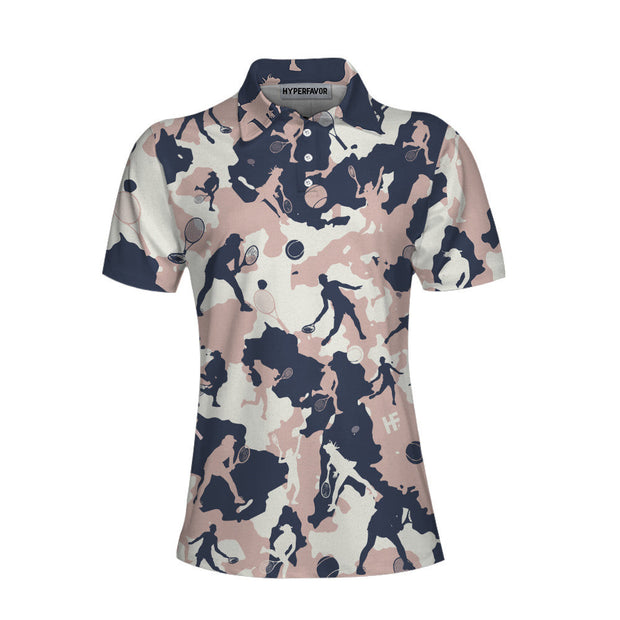 Pink Camouflage Tennis Girl V2 Short Sleeve Women Polo Shirt, Camo Tennis Shirt For Ladies