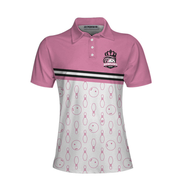 I'm A Classy Sassy Bowling Girl Bowling Short Sleeve Women Polo Shirt, Pink Bowling Ball And Pin Pattern Shirt For Ladies
