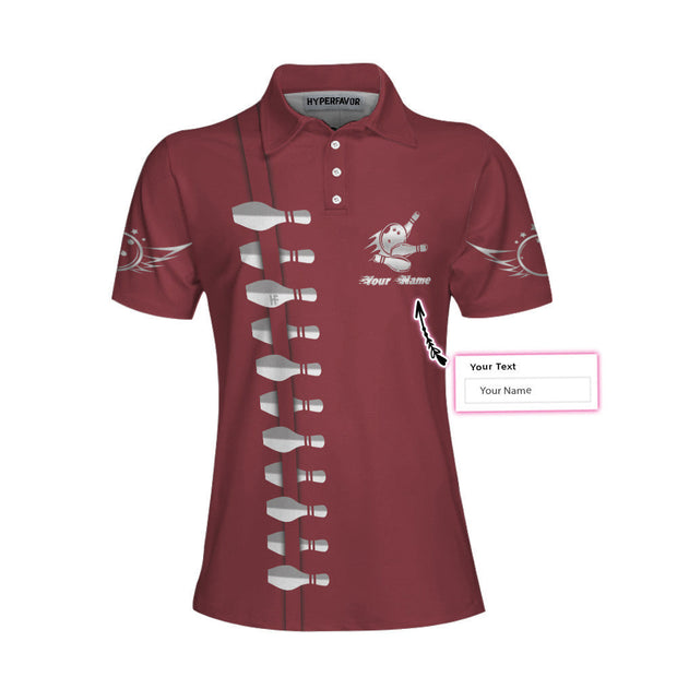 Personalized Custom Name Red Bowling Custom Cosplay Short Sleeve Women Polo Shirt, Personalized Bowling Polo Shirt For Women, Bowling Gift Idea