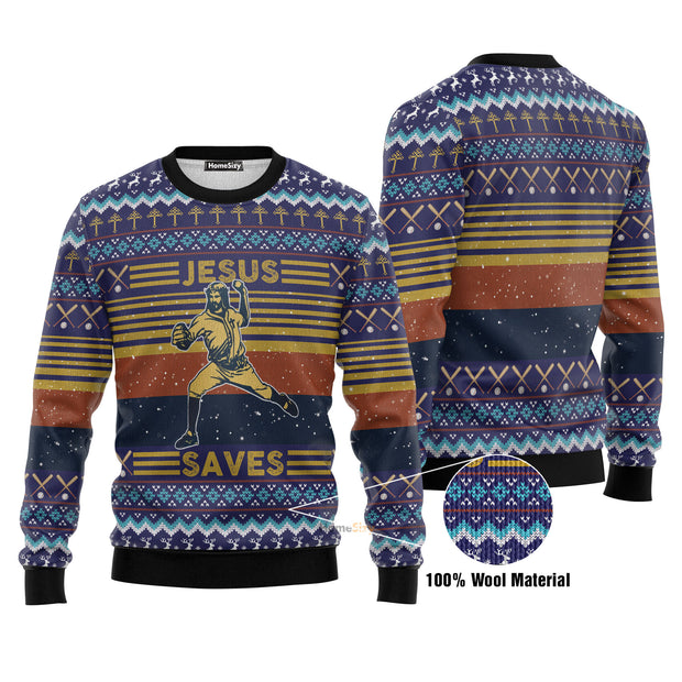 Baseball Jesus Save Ugly Christmas Sweater