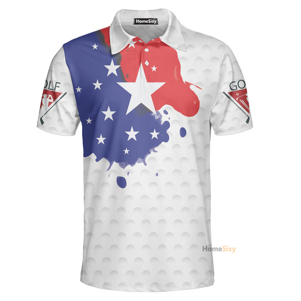 Grunge Style American Flag Polo Shirt, Golf Pattern Wet Paint Polo Shirt, Patriotic Golf Shirt For Men