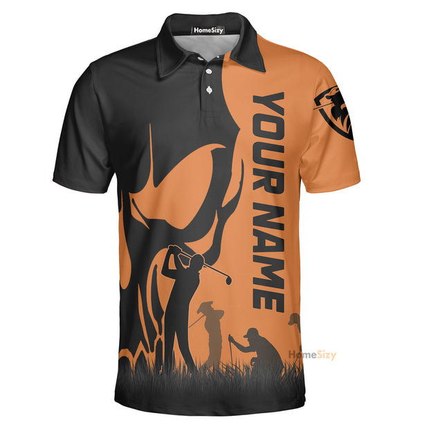 Personalized Golfer Black And Orange Skull Polo Shirt QT308350
