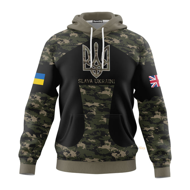 UK Stand With Ukraine Slava Ukraini Camo Hoodie Stop Ukraine War Merch British Gift Hoodie QT205252Hf