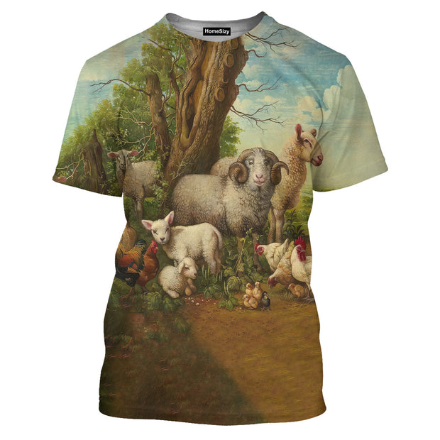 Sheep And Chicks Farming Animals Vintage Art - 3D Tshirt