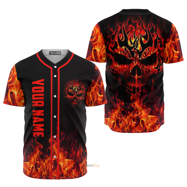 Custom Name Head Fire Skull - Personalized Baseball Jersey