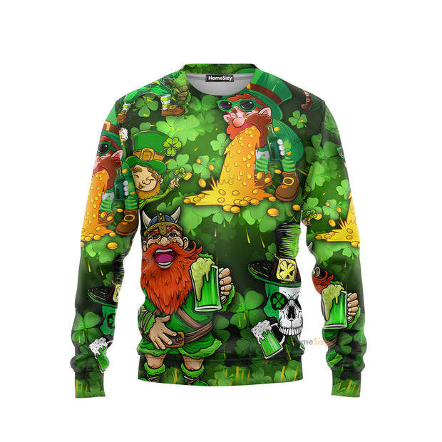 Irish Beer St Patrick's Day Viking Skull Leprechaun Gnome Sweatshirt Ugly Sweater QT301282Hc