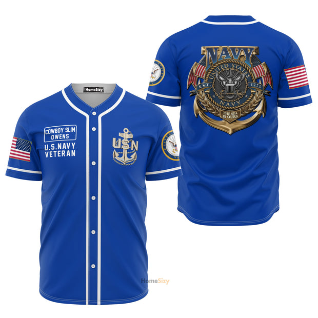 Custom Name Us Navy Veteran Blue - Personalized Baseball Jersey