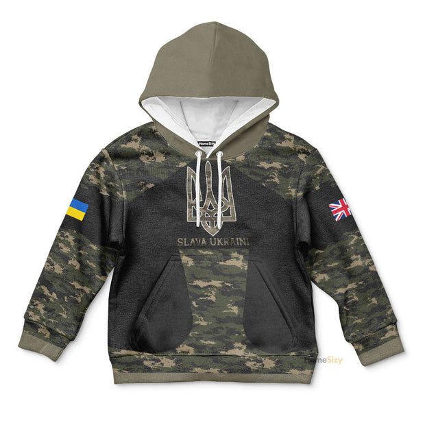 UK Stand With Ukraine Slava Ukraini Camo Kid Hoodie United Kingdom For Ukraine Support Clothing QT305874Hc
