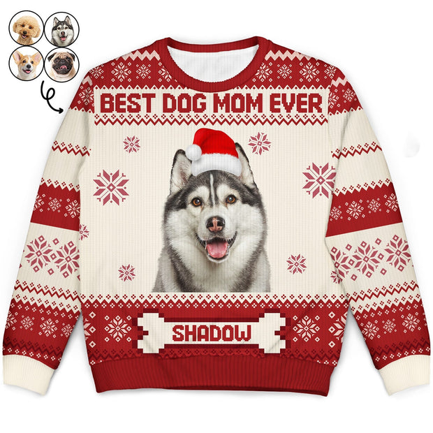 Personalized Custom Name Photo Inserted Funny Pet Face Best Dog Mom Ever - Ugly Sweater