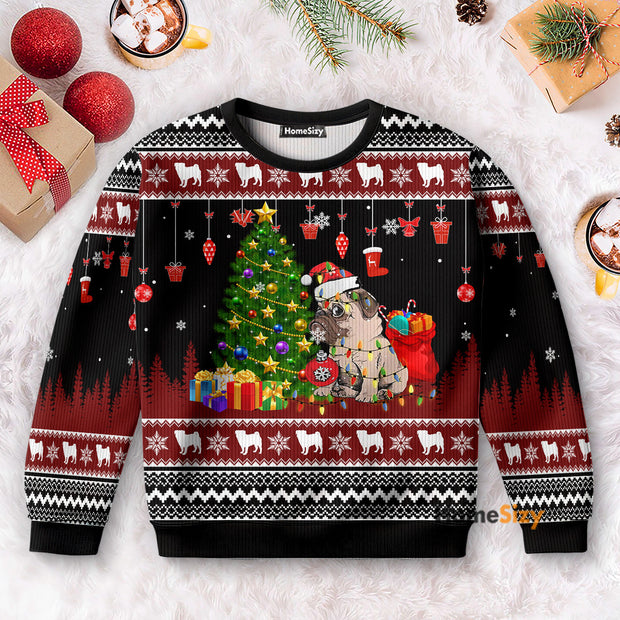 Pug Besides A Christmas Tree Funny - 3D Ugly Christmas Sweater