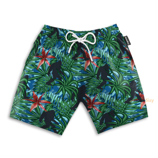 Silhouette Walking Bigfoot Leaves Pattern Funny Style - Beach Shorts