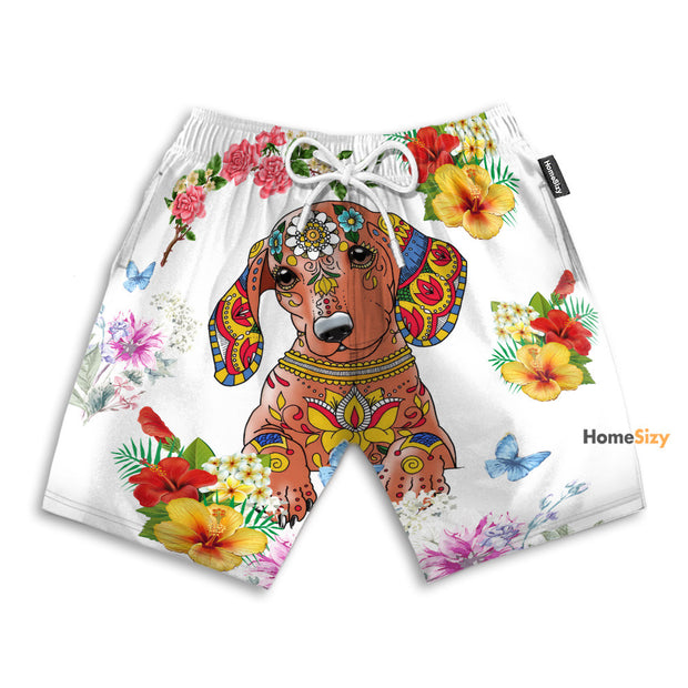 Dog And Flowers Vintage Art - Beach Shorts