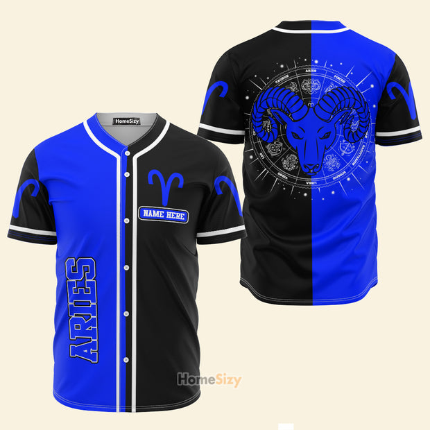 Custom Name Aries Zodiac Black And Blue Z10 - Personalized Baseball Jersey