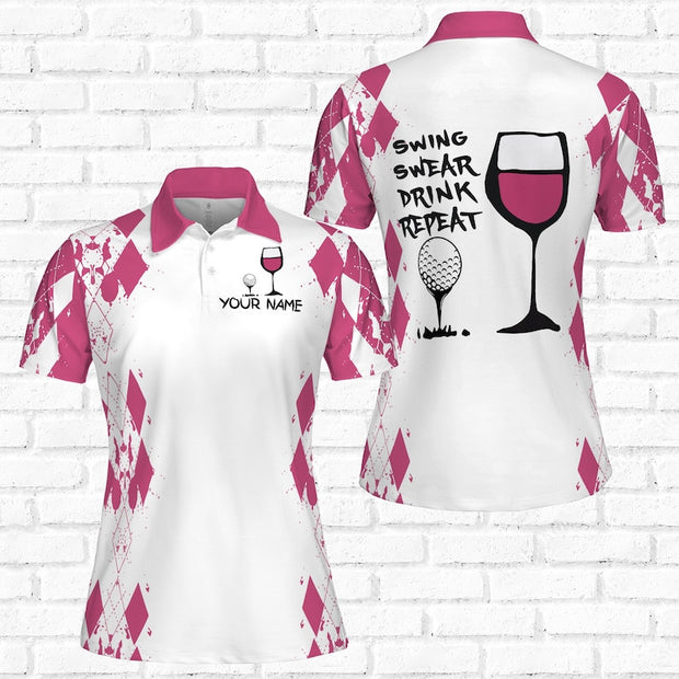 Custom Name Swing Swear Drink Repeat Golf & Wine - Personalized Women Polo