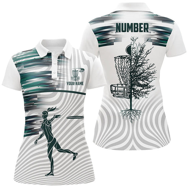 Custom Name And Number Green White Disc Golf Basket - Personalized Women Polo