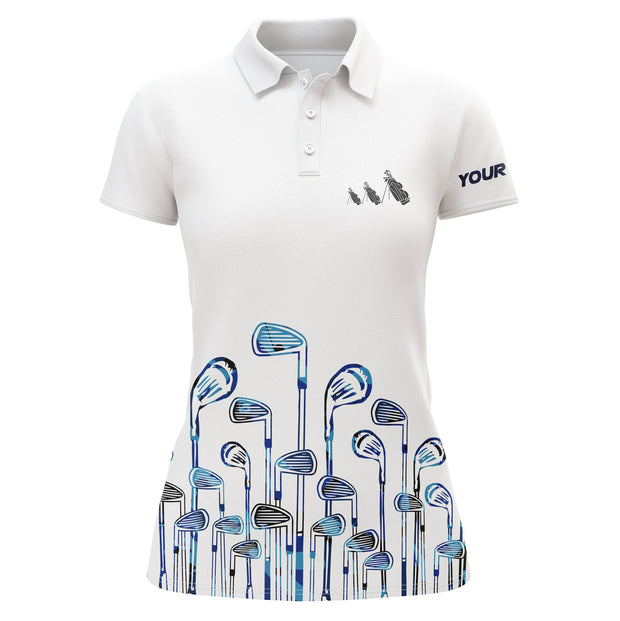 Custom Name Golf Clubs White And Blue - Personalized Women Polo
