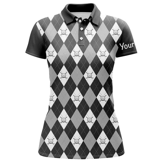 Custom Name Black Argyle Plaid Pattern Golf - Personalized Women Polo