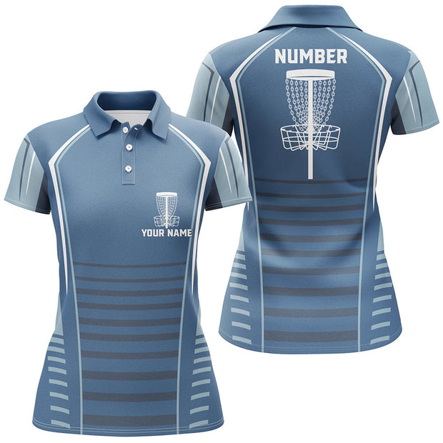 Custom Name And Number Blue Pattern Disc Golf Basket - Personalized Women Polo