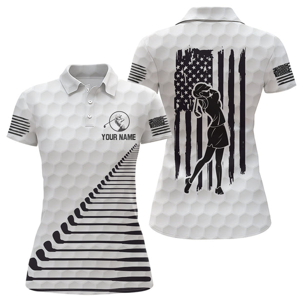 Custom Name Black White American Flag Golf - Personalized Women Polo