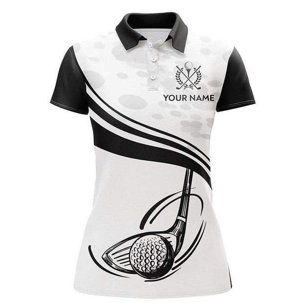Custom Name Black White Golf Ball And Club - Personalized Women Polo