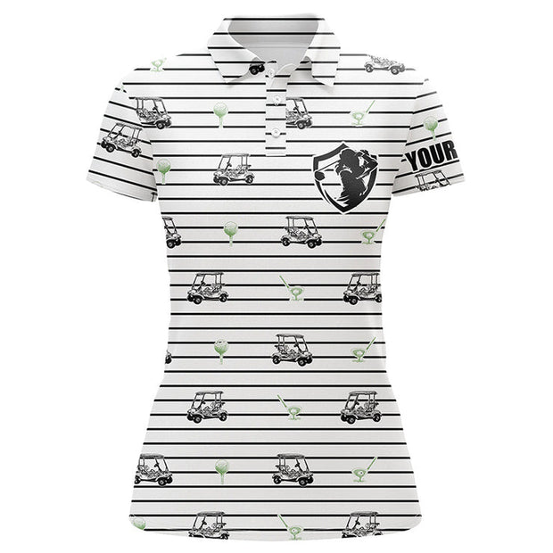 Custom Name Black And White Horizontal Stripes Golf Cart Pattern - Personalized Women Polo