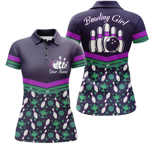 Custom Name Bowling Girl Purple - Personalized Women Polo