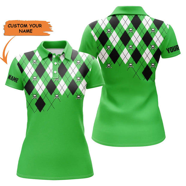 Custom Name Green Argyle Plaid Golf Skull Pattern - Personalized Women Polo
