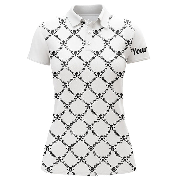 Custom Name Wing Swear Drink Repeat Golf Skull Black And White - Personalized Women Polo