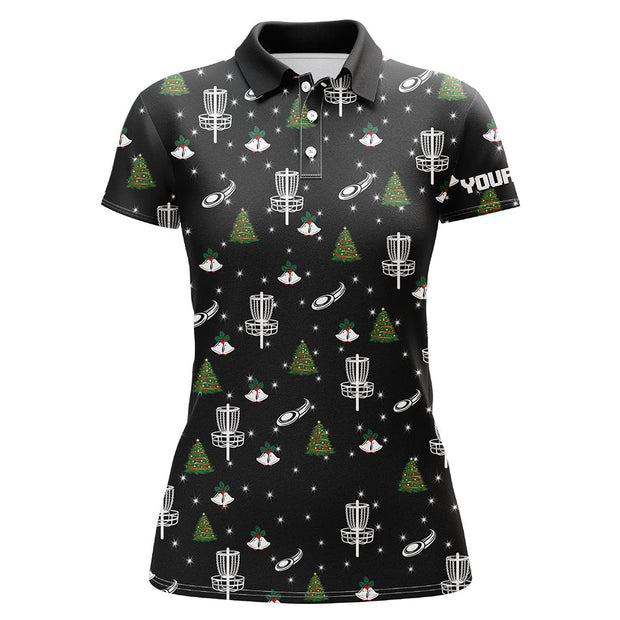 Custom Name Black Christmas Pattern Disc Golf - Personalized Women Polo