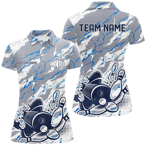 Custom Name And Team Bowling Grey And Blue - Personalized Women Polo