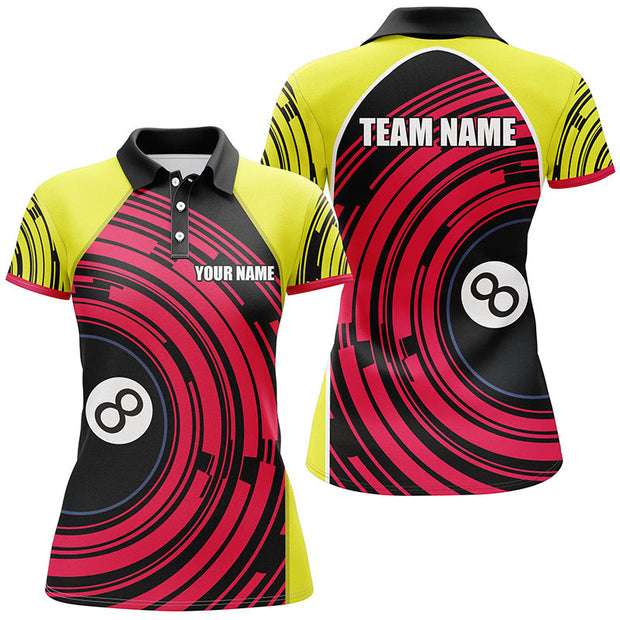 Custom Name And Team Yellow Pink 8 Ball Billiard - Personalized Women Polo