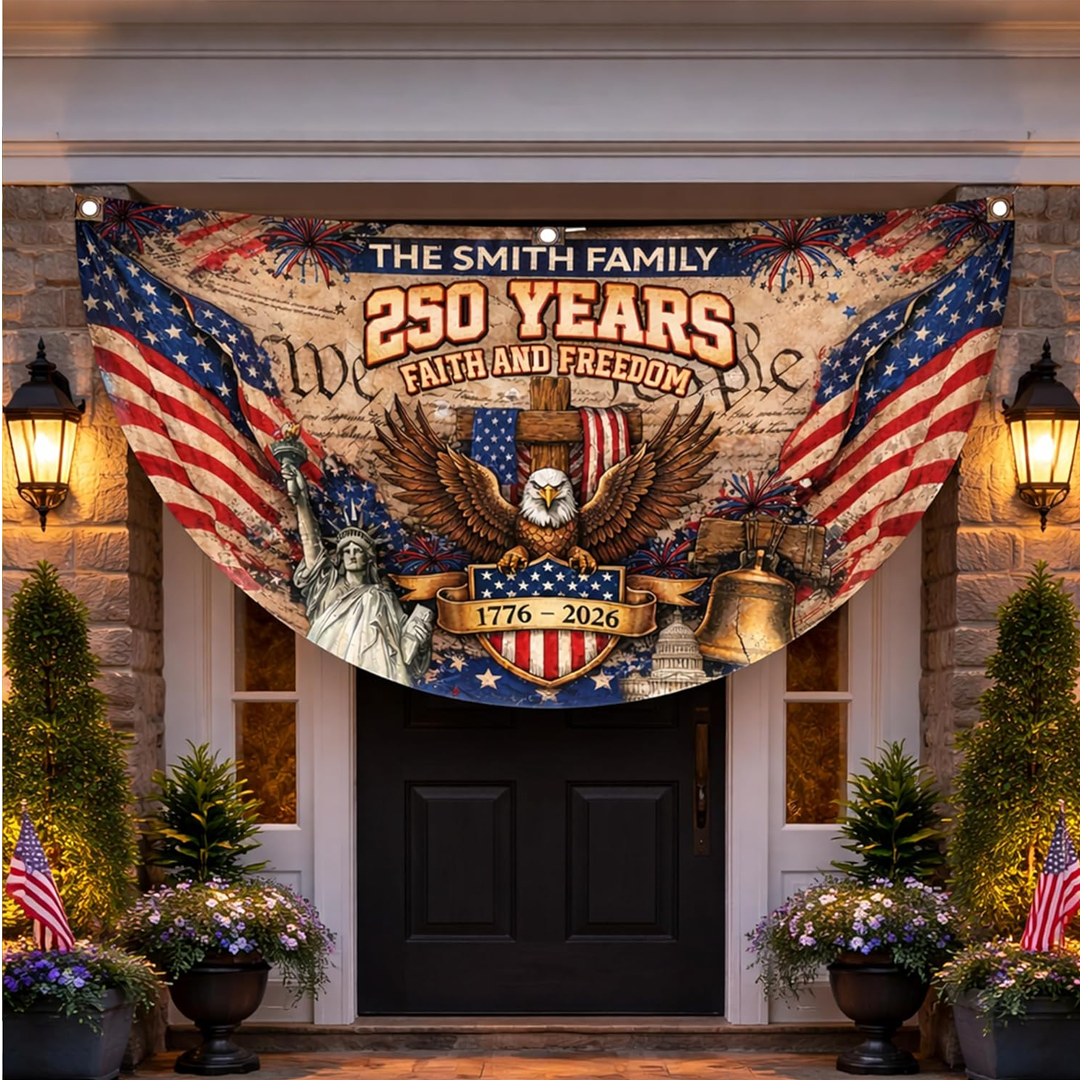 1776_2026 Birthday Fan Flag Custom Family Name_ Personalized 4th of July 250th Anniversary USA Outdoor Banner_ Patriotic Gift_ 250 Years Of Freedom Decor
