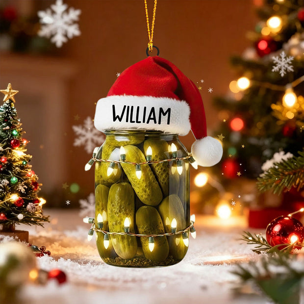 Funny Santa Hat Pickle Jar Custom Name Christmas Gift - Personalized Acrylic Ornament