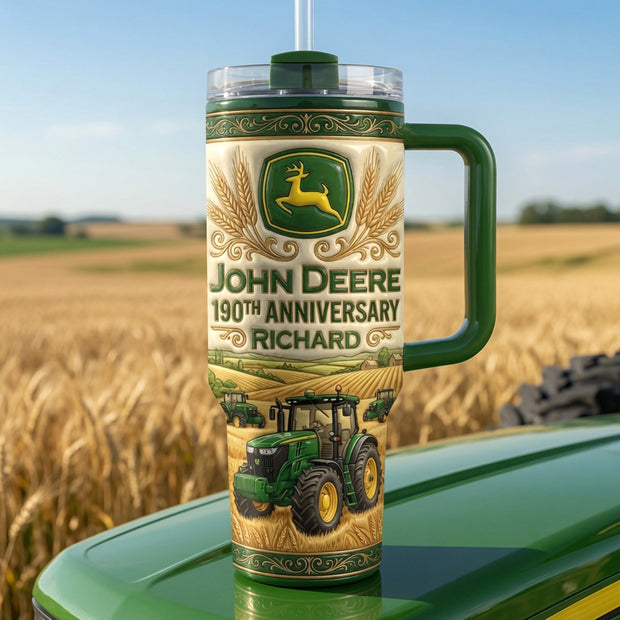 Green Farm Tractor - Personalized 40oz Stainless Steel Tumbler With Handle - Gift For Farmer