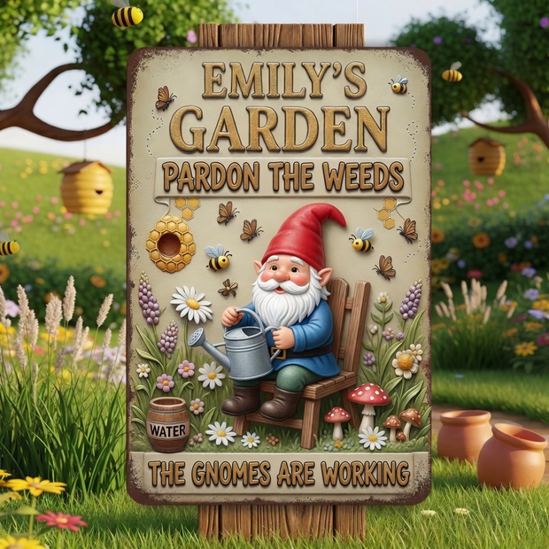 The Gnomes Are Working - Personalized Metal Sign - Gift For Garden Lovers