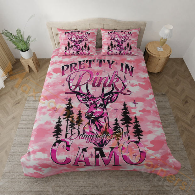 Hunting Pretty In Pink Dangerous in Camo Custom Name Gift For Her, Hunter - Personalized Quilted Bedding Set HH02