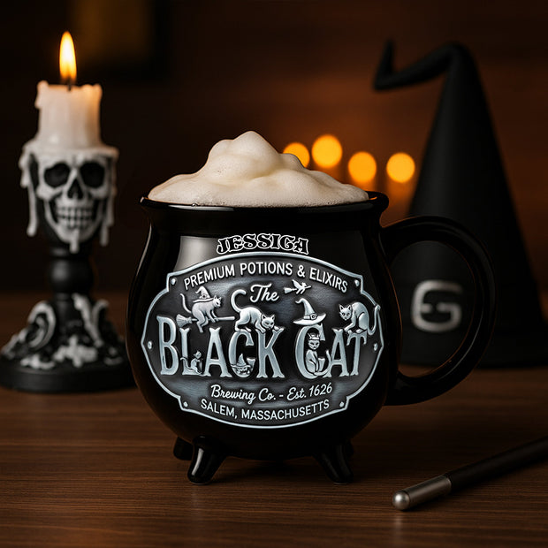 Black Cat Brewing Co - Personalized Cauldron Coffee Mug - Halloween Gifts For Witch And Cat Lovers