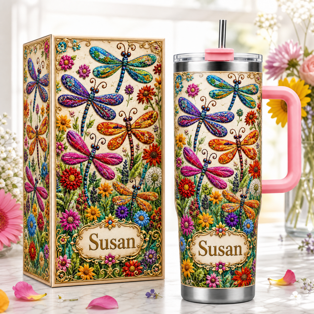 Dragonfly With Flowers - Personalized Tumbler - Gift For Gardening Lovers