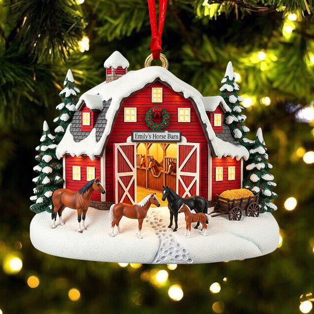 Christmas Horse Barn - Personalized Acrylic Ornament - Gift For Farmer, Horse Lovers