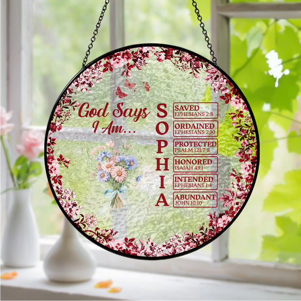 Custom Name Letter God Says I Am Flower Toile De Jouy Style Stained Glass Suncatcher - Personalized Suncatcher - Gift For Her, Family