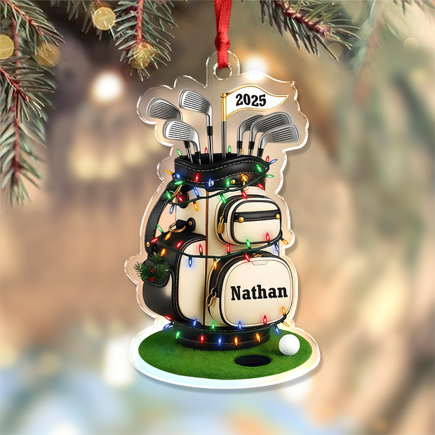 Golf Bag With Christmas Lights Custom Name Gift For Golf Lovers - Personalized Acrylic Ornament