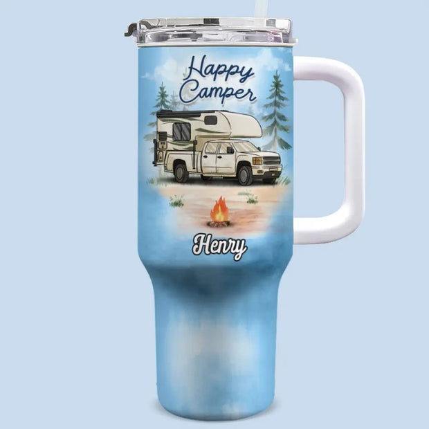Life Is Better Around The Campfire - Personalized Stainless Steel Tumbler With Handle - Gift For Camping Lovers