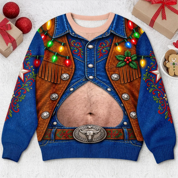 Funny 3D Cowboy Christmas Sweatshirt, Western Ugly Xmas Party Costume Gift For Him - Personalized Ugly Sweatshirt