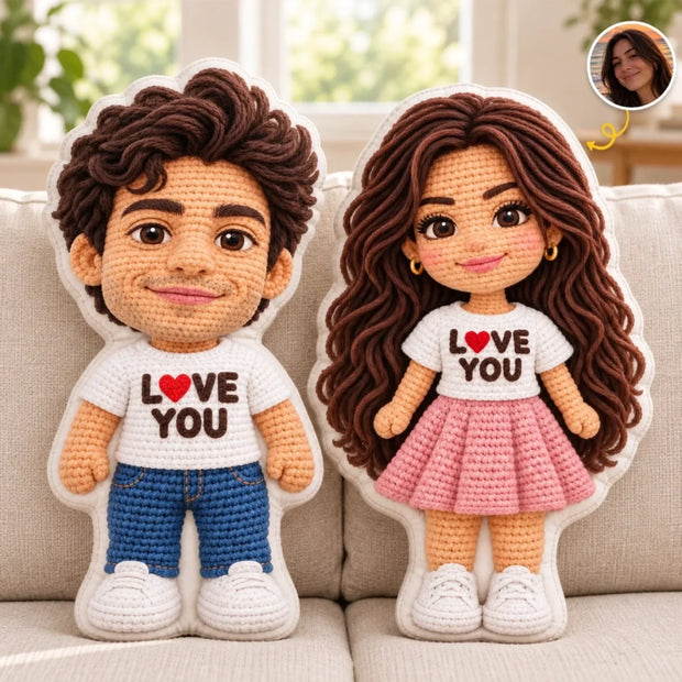 Custom Photo Romantic Crochet Doll Keepsake, Anniversary Gift For Couple - Personalized Shaped Pillow