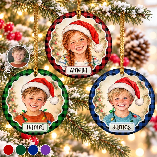 Custom Photo Plaid Pattern Santa Hat Keepsake for Kids - Personalized Ceramic Ornament